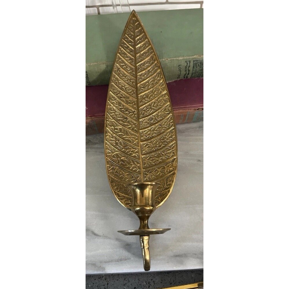 Vintage Brass Detailed Tropical Leaf Shape Wall Décor Candle Holder Sconce